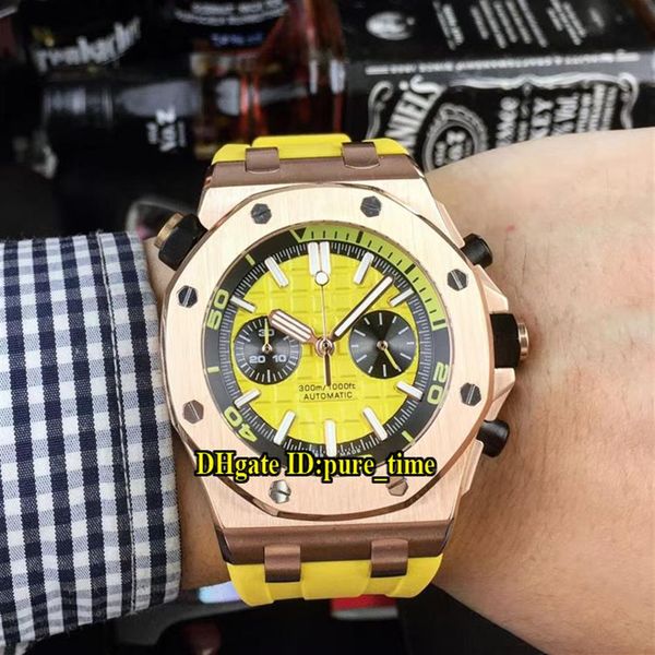 

new royal diver 26703st 26703 miyota quartz chronograph yellow dial mens watch satch rose gold case rubber strap gents sport w264h, Slivery;brown