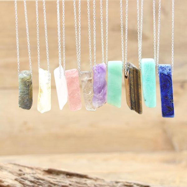 

stainless chains raw stone pillar pendants healing crystal reiki natural smoky rose quartz citrines gems necklace jewelry, Silver