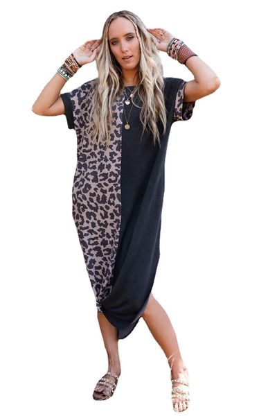 

women long dress leopar print casual fashion style, Black;gray