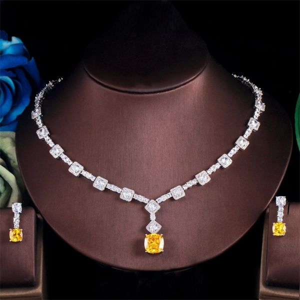 

wedding jewelry sets threegraces elegant yellow cz crystal silver color big square drop earrings necklace party for women tz581 230313, Slivery;golden