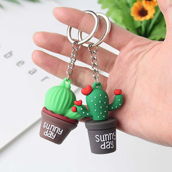 

keychains cute silation cactus potted chain green plant chain mini bonsai flower ring soft rubber couple car bag pendants l230314, Silver