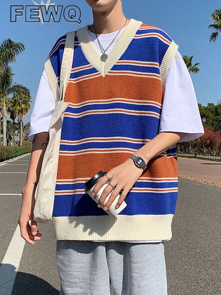 

men s vests fewq 2023 autumn korean chic sweater vest trendy v neck loose striped contrast color male sleeveless 24a510 230313, Black;white