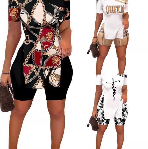 

2023 fashion casual womens tracksuits two piece set diagonal collar split letter positioning printing short-sleeved suit for women, Gray