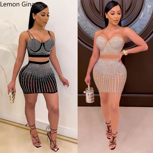 

women's two piece pants lemon gina elegant rhinestones women's set diamonds crop and mini skirts summer two 2 piece set party club, White