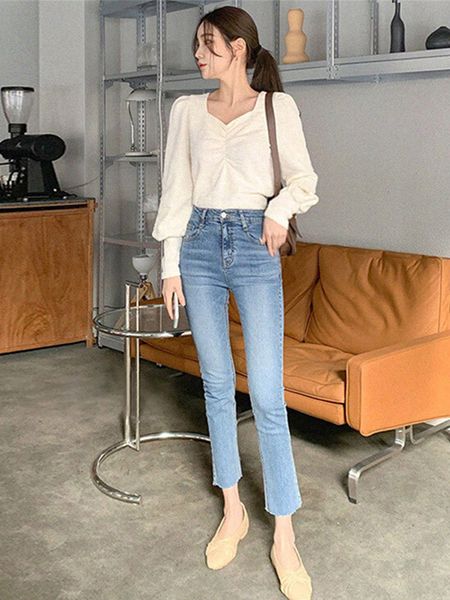 

women's jeans washed high waist slant pocket solid jeans women summer zipper fly ankle length denim pants streetwear straight leg jeans, Blue