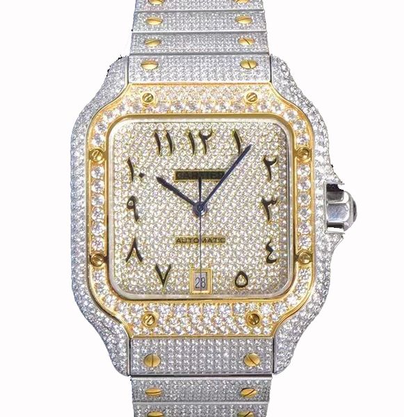 

luxury bust down men's iced diamonds watches big zircon bezel watch silver diamond face full diamond strap automatic mechanical wristwa, Slivery;brown