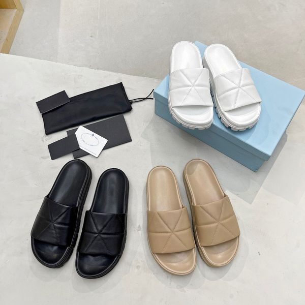 

triangle quilted platform leather sole slippers slide summer sandals slip-on shoes flats sandal for women luxury designer slides slipper fac, Black