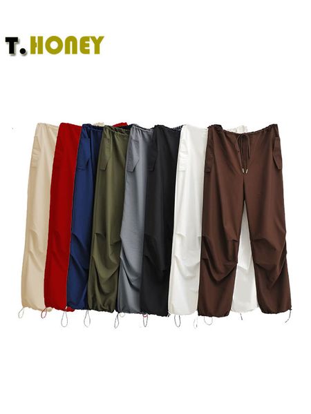 

womens pants capris tellhoney women fashion drawstring pleat baggy cargo female high street chic low waist wide leg jogging parachute trouse, Black;white