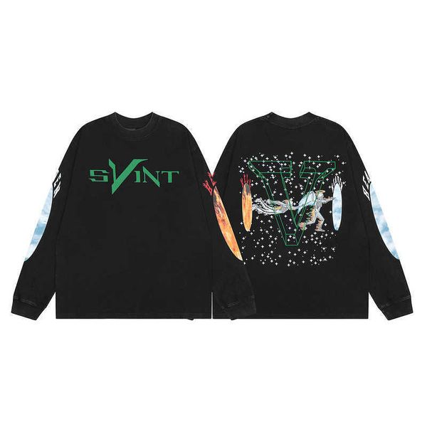 

fashion saint michael co-brand skull big washed old long sleeve t-shirt men's underlay, Black;white