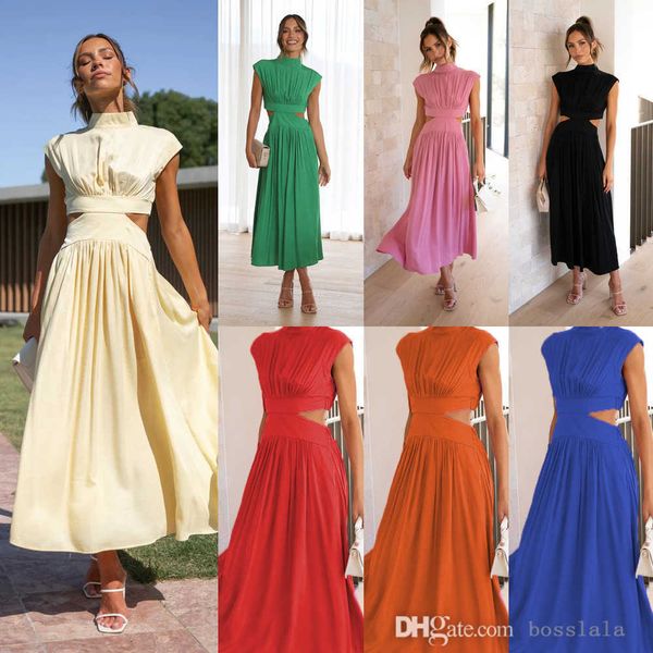 

womens hollow cut dresses sweet fashion street summer new stand collar solid color waist length dress, Black;gray
