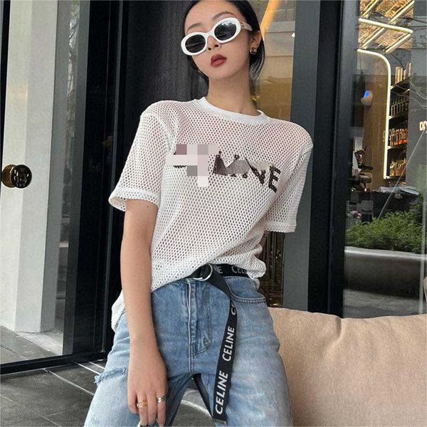 

seller 2023 summer women's t-shirts mesh hole design fashion printing hollow out short sleeve tee shirts crop tshirt for women, White