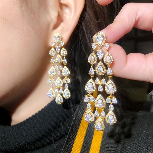 

14k gold long tassels diamond earrings party wedding drop dangle earrings for women bridal promise engagement jewelry gift, Silver