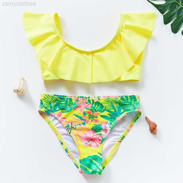 

women's swimwear 5-14y child/teen girls bikini swimsuit set ruffle flounce floral 2022 new two-pieces bikinis swimwear beachwear bathin, White;black