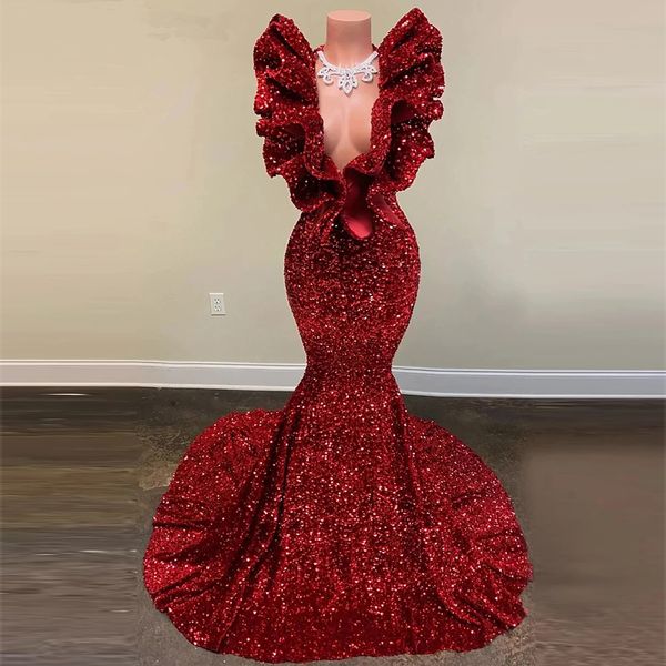 

party dresses 2023 wine red sequin evening for women deep ruffle sleeveless mermaid princess prom gowns robe 230313, White;black