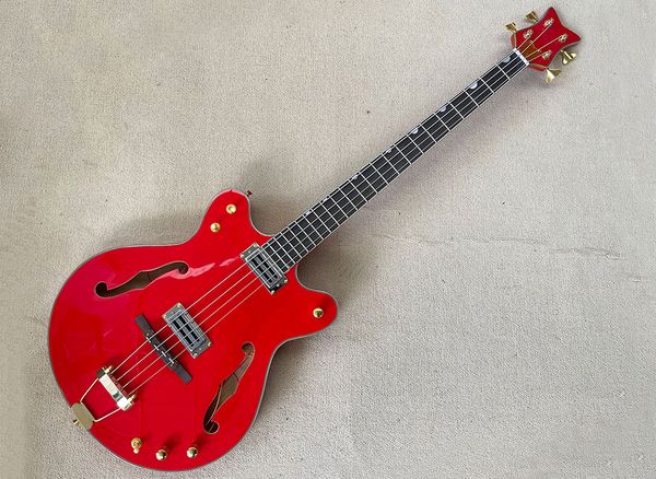 

4 strings red semi hollow electric bass guitar with rosewood fretboard 24 frets