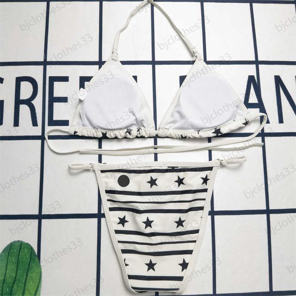 

swimwear contrasting colors pentagram stripe print girl swimwears adjustable sling chest pad design high waist beach two-piece set designer, White;black