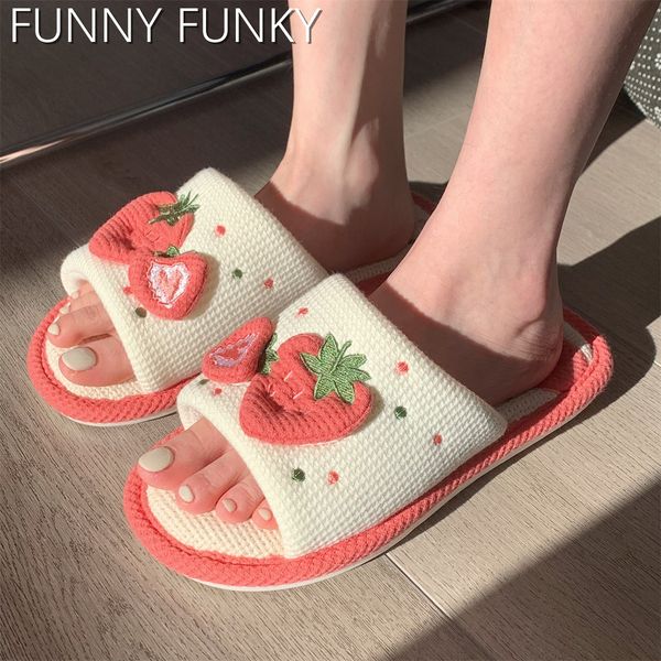 

slippers spring home linen cotton women sandals indoor shoes non-slip slides ladies strawberry korean style woman shoe 230314, Black