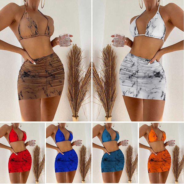 

women 2023 swimsuit wind stone three piece set bikini bottoms short skirt split swimsuit bikini beach cover dresses, White;black