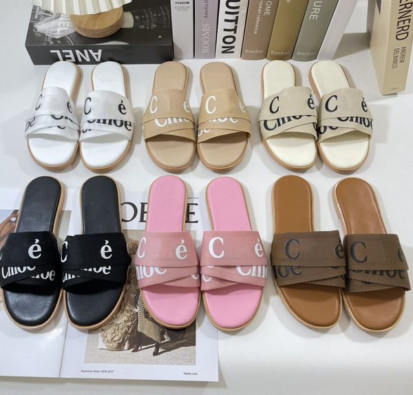 

designer flat mules slippers sandals women mules flat embroidery logo slides tan beige white black pink lace lettering fabric canvas slipper