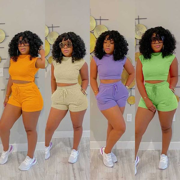 

2023 summer women tracksuits casual two piece outfits solid color fashion sleeveless suit drawstring shorts leisure vest two piece set, Gray