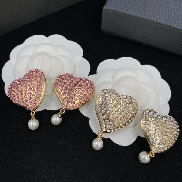 

big pearl earrings diamond-filled heart pearl pendant earrings, Golden