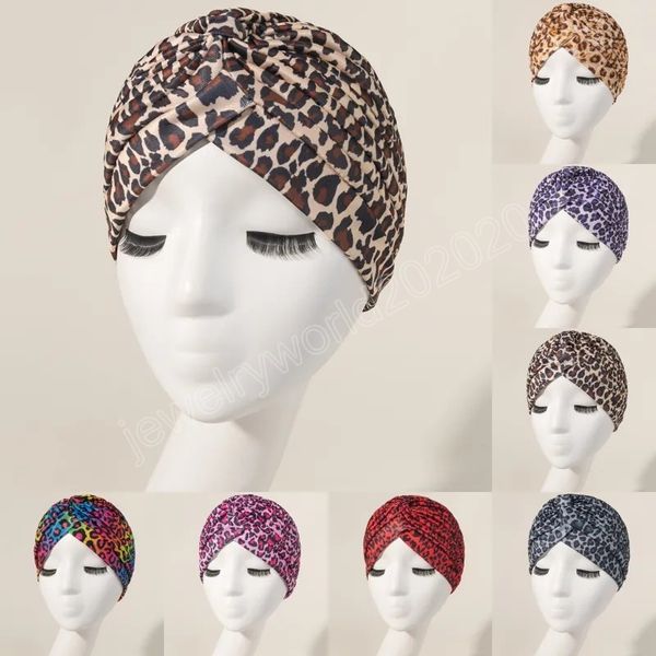 

ladies colorful leopard print pleated turban cap fashion african muslim womens party beanies hat headgear, Blue;gray