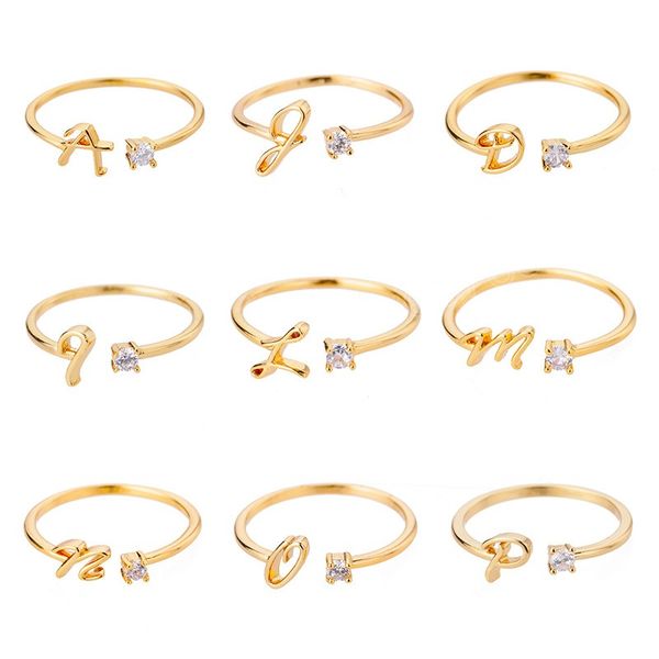 

26 english letter open finger rings rhinestone a-z initials name alphabet adjustable women men couple ring wedding party jewelry, Silver