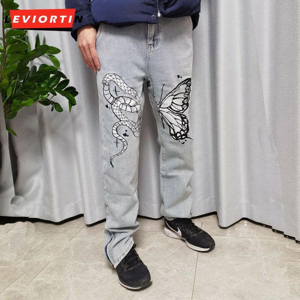 

mens jeans high street butterfly and snake embroidery straight jeans pants mens ankle zipper retro pockets loose denim trousers hip hop 2303, Blue
