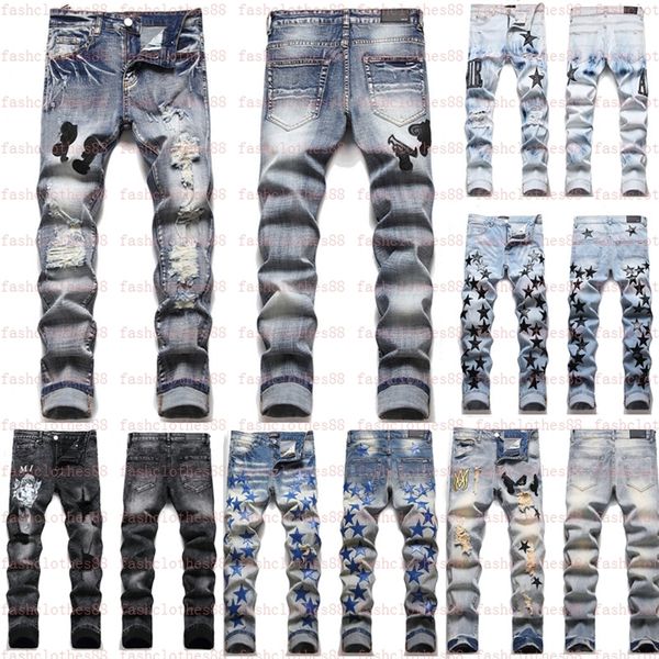 

30% off~men's jeans men's european jean broken hombre letter star men embroidery patchwork ripped for trend brand motorcycle pant, Blue