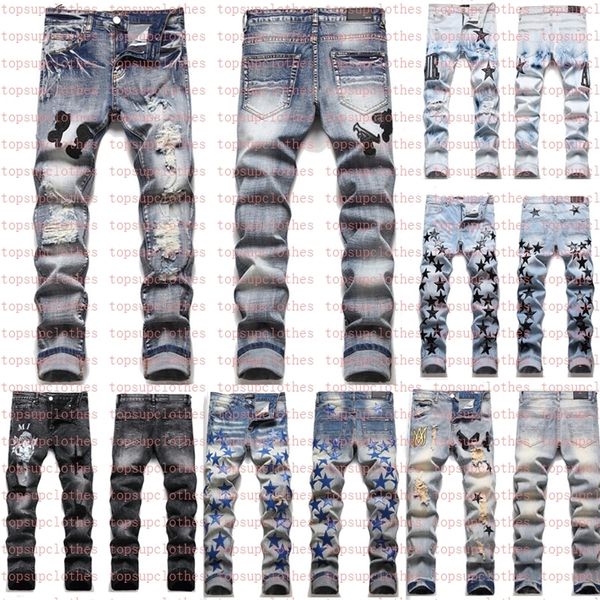 

men's jeans european jean broken hombre letter star men embroidery patchwork ripped for trend brand motorcycle pant mens skinny, Blue