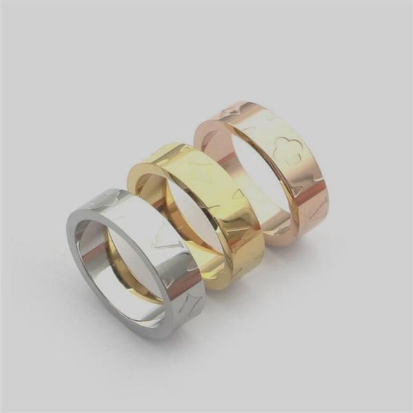 

europe america style ring men lady women titanium steel engraved v initials flower lovers narrow rings size us6-us9 3 color303w, Silver