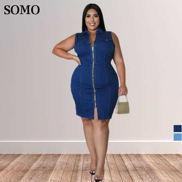 

plus size dresses summer clothes sleeveless zipper denim dress women tank elegant fashion lapel wholesale dropshipping 230307, Black