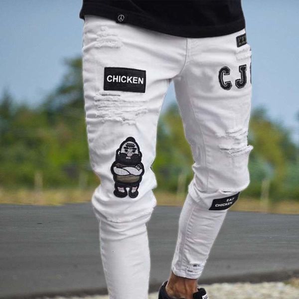 

mens jeans mens jeans stretch ripped skinny motorcycle jeans cartoon letters slim pencil pants scratched mens trousers 230313, Blue