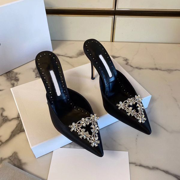 

new crystal-embellished glass real silk mules slippers slip on pointed toe heels pedestal high-heeled luxury designers stiletto slipper for, Black