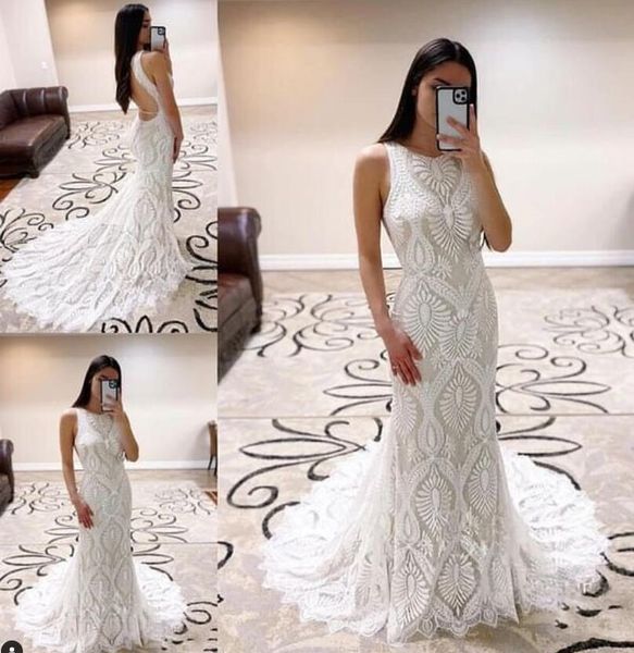 

open back fishtail beach wedding dress 2023 round neck sleeveless mermaid boho bride dress ivory plus size women brautkleid robe de mariee c, White