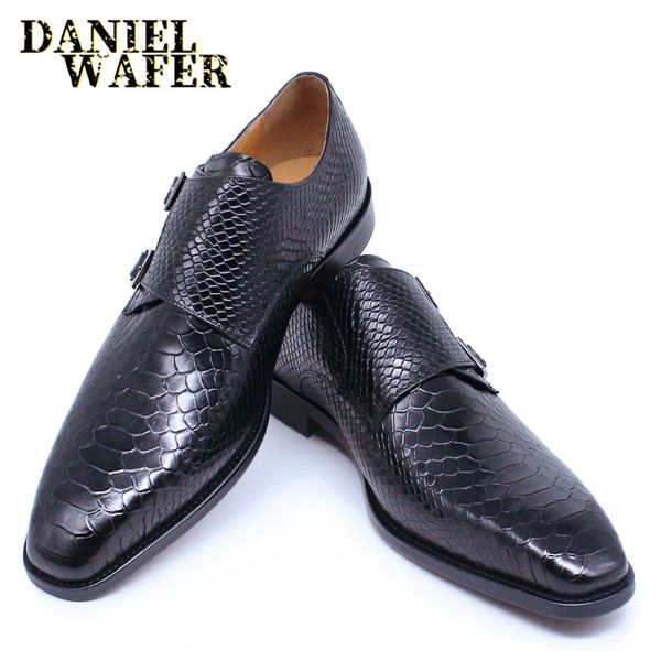 

luxury men's leather loafers shoes snake print monk strap slip on buckle man causal shoes formal dress office wedding shoes men, Black;white