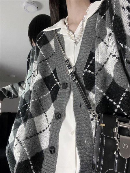 

women's knits tees deeptown korean fashion argyle sweater cardigan women harajuku vintage oversize button up knitted jumper female prep, White
