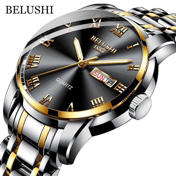 

wristwatches belushi brand watch men stainless steel business date clock waterproof luminous watches mens luxury sport quartz wrist watch 23, Slivery;brown