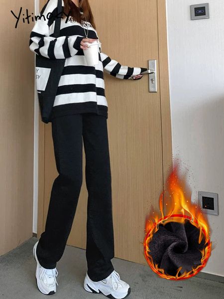 

women's jeans yitimoky baggy jeans woman fleece thicken straight high waist winter warm loose mom jeans vintage denim wide leg pants 23, Blue