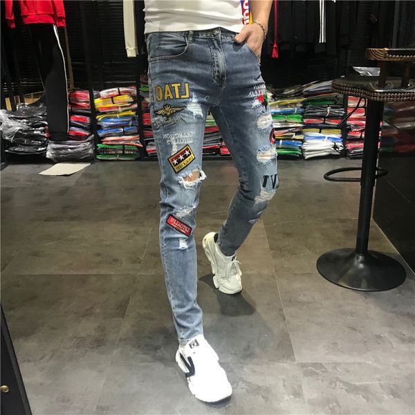 

mens jeans european style fashion trend casual mens embroidered denim trousers erkek kot pantolon skinny jeans men letter jeans hombre 23031, Blue