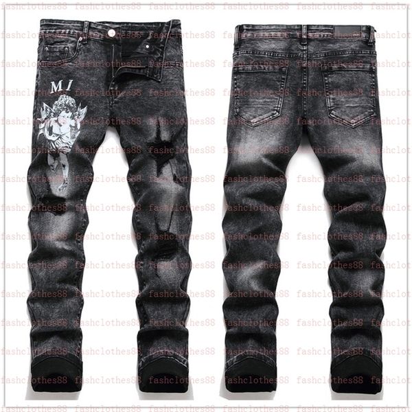 

men's jeans designer european jean hombre letter star men embroidery patchwork ripped for trend brand motorcycle pant mens skinny bgji, Blue