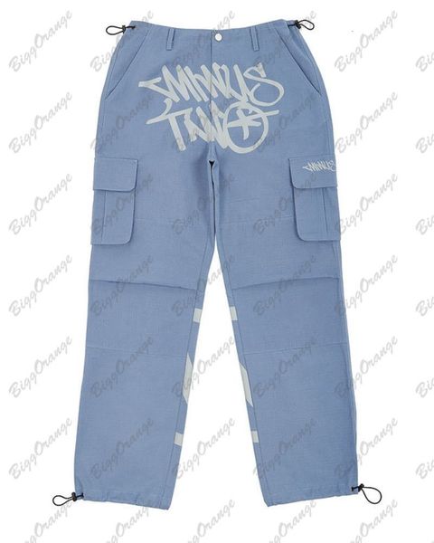 

mens pants y2k vintage streetwear multi pocket cargo pants waist stretch side pocket light blue low rise cargo pants teen clothing 230313, Black
