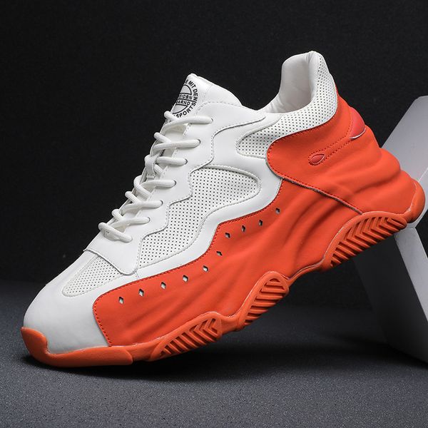

men luxury chunky sneakers fashion casual secondary leather cowhide upper increased internal cover bottom platform board shoes, Red;white