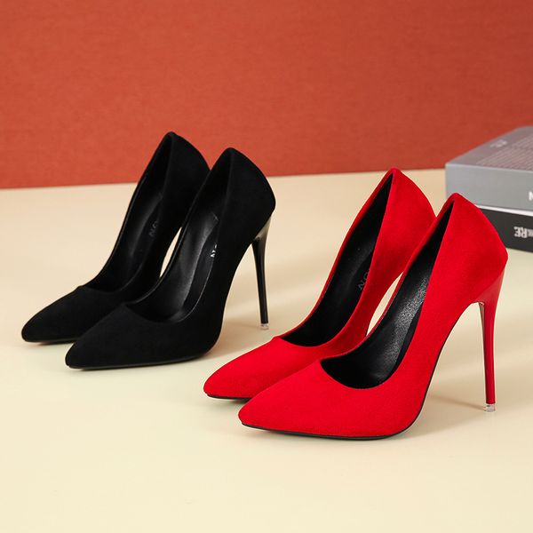 

dress shoes big size 3545 women's shoes concise flock high heel pumps pointed toe classic red gray ladies wedding office 230313, Black