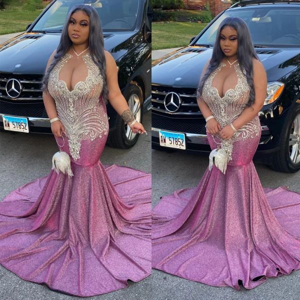 

2023 dusty fuchsia mermaid prom dresses sequins sleeveless lace applique illusion custom made ruched evening party gowns vestidos formal occ, Black