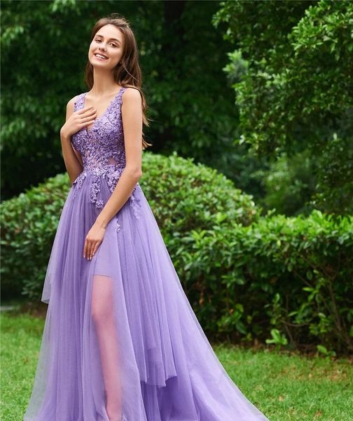 

lavender summer backless a line prom dresses v neck flower appliques long western garden arabic bridal gowns plus size custom made 2023, Black