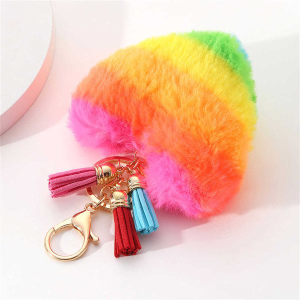 

keychains ly heart pompoms keychains women bag accessories rainbow plush balls car keyrings for valentines couple gifts l230314, Silver