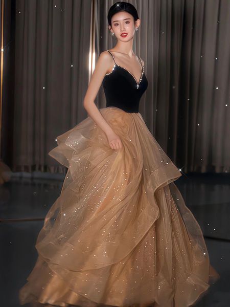 

gold black a-line spaghetti strap prom dress v neck sparkly sequined crystal ruffles pleat long woman luxury party evening gowns