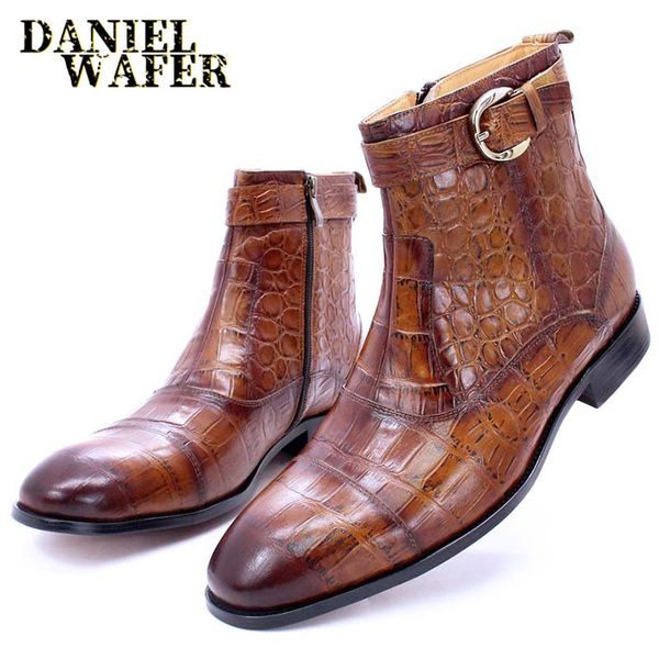 

luxury ankle boots mens dress shoes black brown blue crocodile print genuine leather zip buckle wedding office chelsea boots men, Black;white