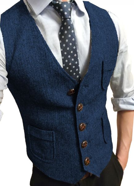 

mens vests business mens vest wool herringbone suit lapel tweed casual v neck formal brown waistcoat groomsman jacket for wedding 230313, Black;white